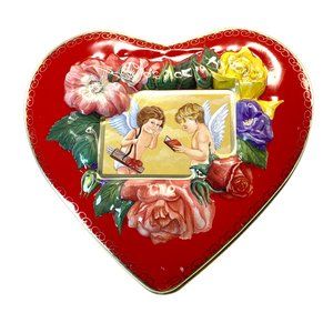 Heart Shape Red Tin Container with Lid Candies Valentine Cherubs Floral